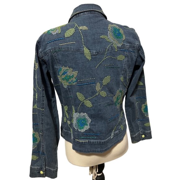 Ann Trinity Embroidered Denim Jacket Sz Small Womens Floral Blue & Green Sequin - Picture 8 of 9
